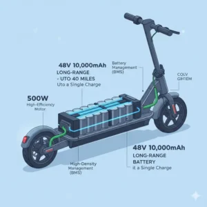 Technical diagram showing the high-capacity battery of an electric scooter under 1000.