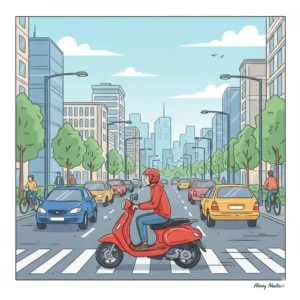 A rider navigating through city traffic on a red model, illustrating the best motor scooter for daily commutes.
