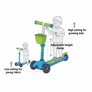 A graphic demonstrating how to adjust the T-bar height on a beginner scooter for growing riders.