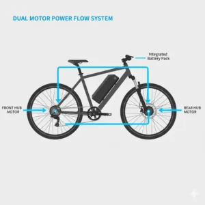 Graphic showing how the battery powers both motors in an awd ebike system.