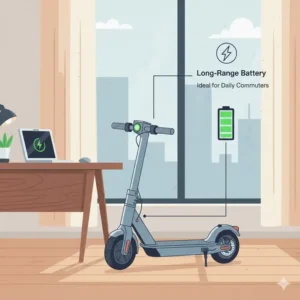 An office setting showing the long-range battery charging for the best electric scooter for female commuters.