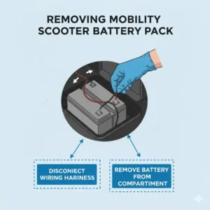 A close-up view of disconnecting the cables to replace mobility scooter battery safely.