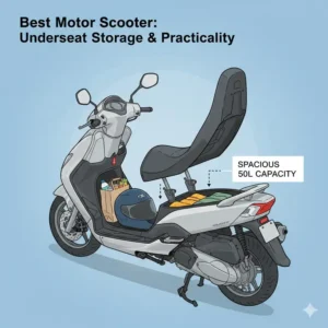 A diagram showing the large under-seat storage capacity of the best motor scooter for carrying a helmet.
