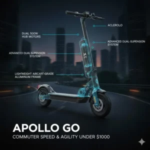 The Apollo Go model showcasing dual-motor agility as a top-rated fastest scooter under 1000 for commuters.
