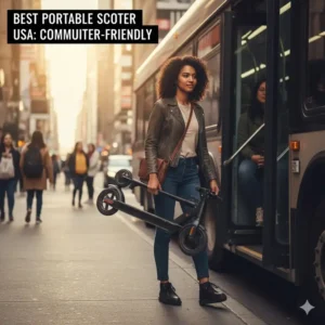 A commuter carrying a folded device, recognized as the best scooter in usa for portability and public transit.