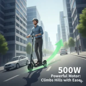 An electric scooter under 1000 with a powerful motor climbing a steep city hill with ease.