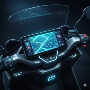 A close-up of a high-tech digital dashboard and GPS on the best motor scooter with smart features.