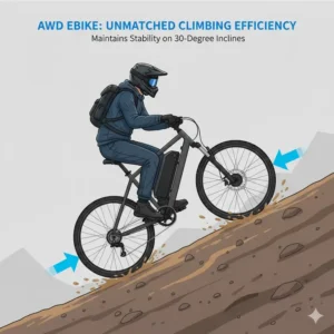 A visual representation of an awd ebike maintaining stability while climbing a 30-degree incline.