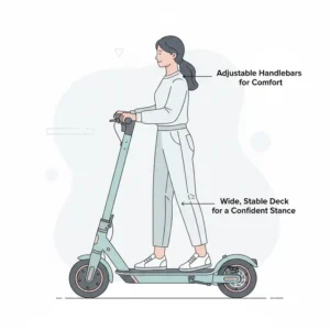Graphic highlighting the adjustable handlebars and wide deck of the best electric scooter for female comfort.