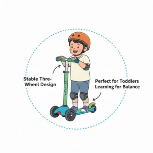 A stable three-wheel beginner scooter designed for toddlers and young children learning to balance.