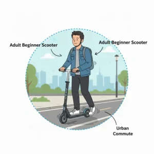A stylized illustration of an adult using a beginner scooter for a short urban commute.