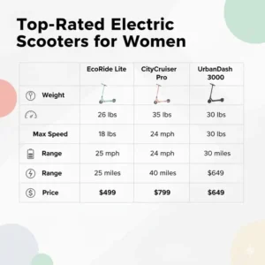 A comparison chart showing specs and prices of the best electric scooter for female market leaders.
