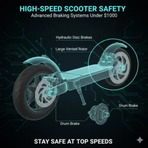 Close-up of the advanced hydraulic braking system required for safety on the fastest scooter under 1000.