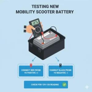 Using a multimeter to test the voltage after you replace mobility scooter battery.