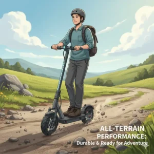 A durable all-terrain electric scooter under 1000 being ridden on a gravel path in the countryside.