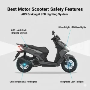 An infographic of the ABS braking system and LED lights on the best motor scooter for rider safety.