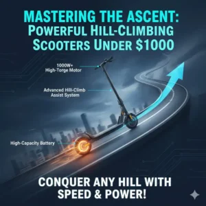 A rider conquering a steep urban incline using the high torque of the fastest scooter under 1000.