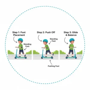 A step-by-step illustration showing the correct foot placement and pushing technique for a beginner scooter.
