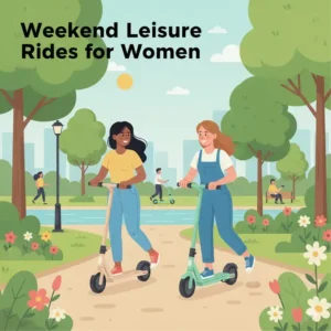 Two friends enjoying a weekend ride in the park on the best electric scooter for female leisure.