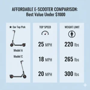 Infographic comparison chart showing the top speed and weight limits of the best electric scooter under 1000 models.