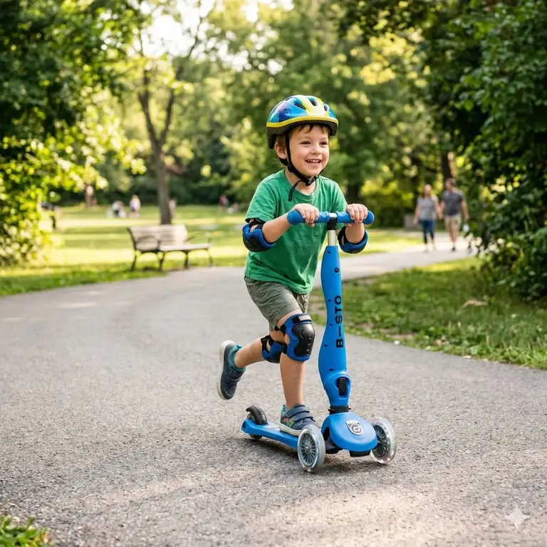 A young child riding a blue childrens folding scooter on a paved park path.