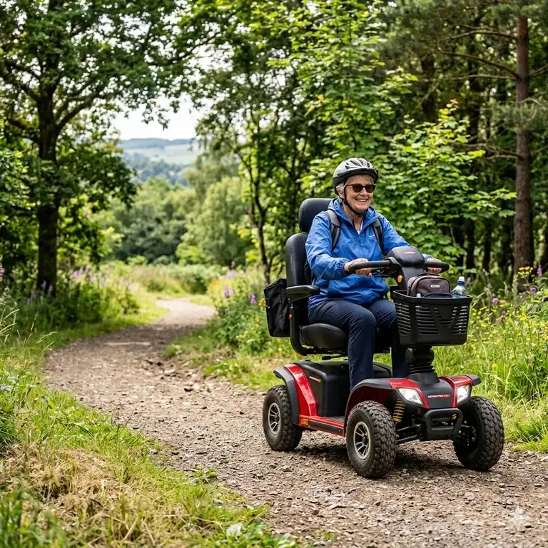 A senior woman riding the best mobility scooter for outdoors on a scenic park pathway.