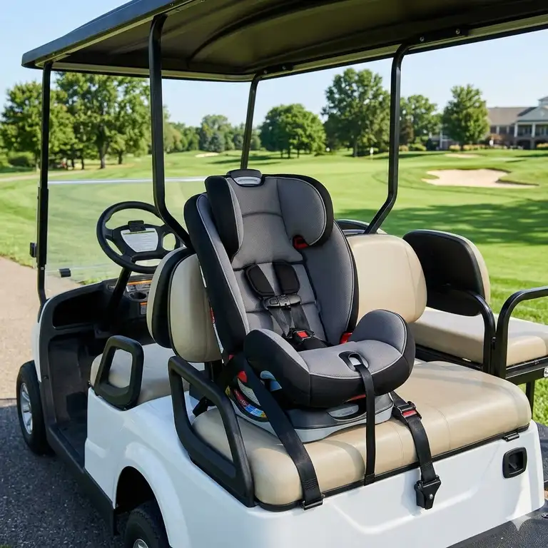 Featured Image: A toddler car seat for golf cart securely installed on the rear-facing seat of a modern golf cart.