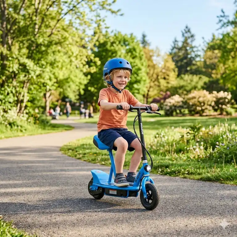 A young boy riding a blue childs electric scooter with seat on a sunny park pathway.