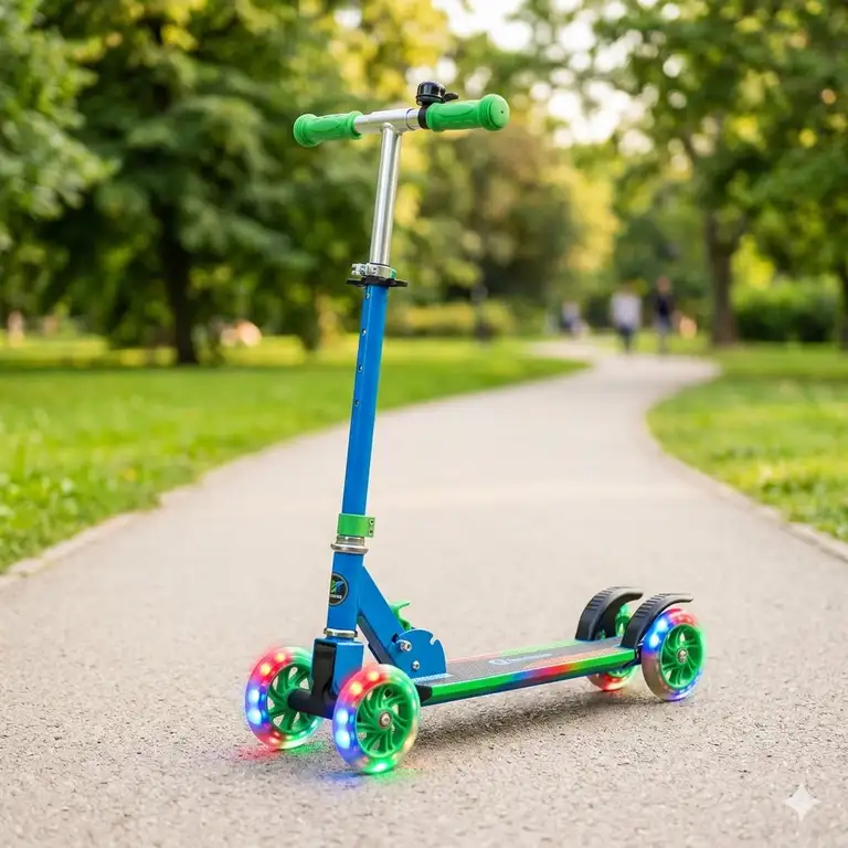 A high-quality 4 wheel kick scooter with adjustable handlebars and LED wheels on a park path.