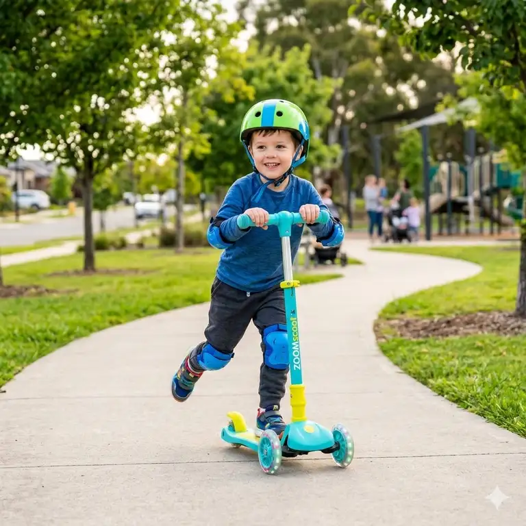 A happy young child wearing a helmet riding a vibrant scooter for 5 year old on a sunny park path.
