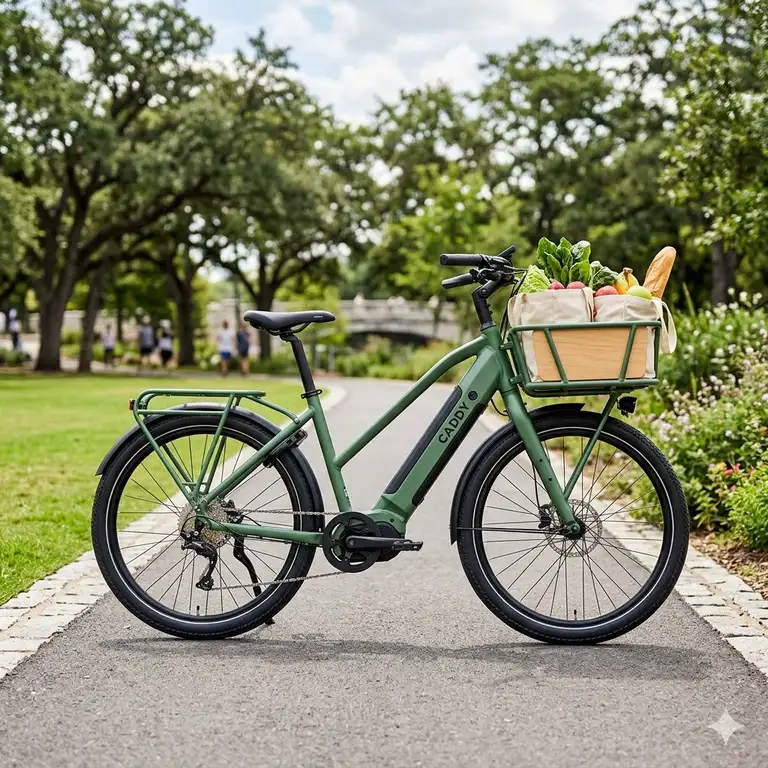 A premium green electric caddy bikecaddy bikecaddy bike parked on a scenic park path with a basket full of fresh groceries.