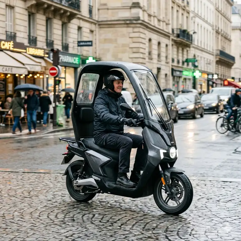 A modern electric canopy scooter parked on a sunny city sidewalk, highlighting its protective overhead roof and sleek design.