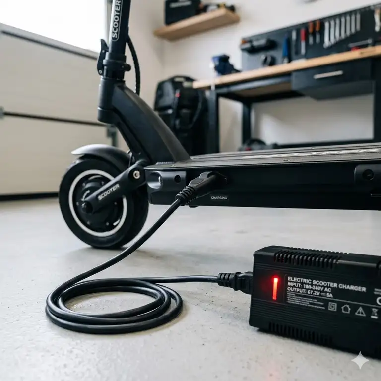 Featured Image: A professional setup showing high-quality electric scooter battery chargers connected to a modern e-scooter.