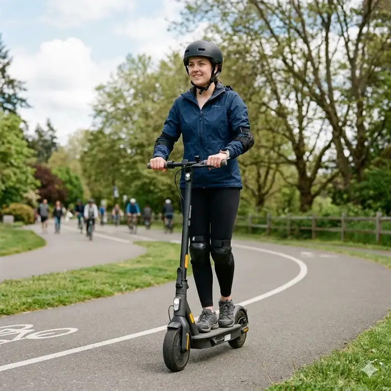 "A clear photo showing a new rider wearing full safety gear, a perfect example of how to ride an electric scooter safely for beginners."