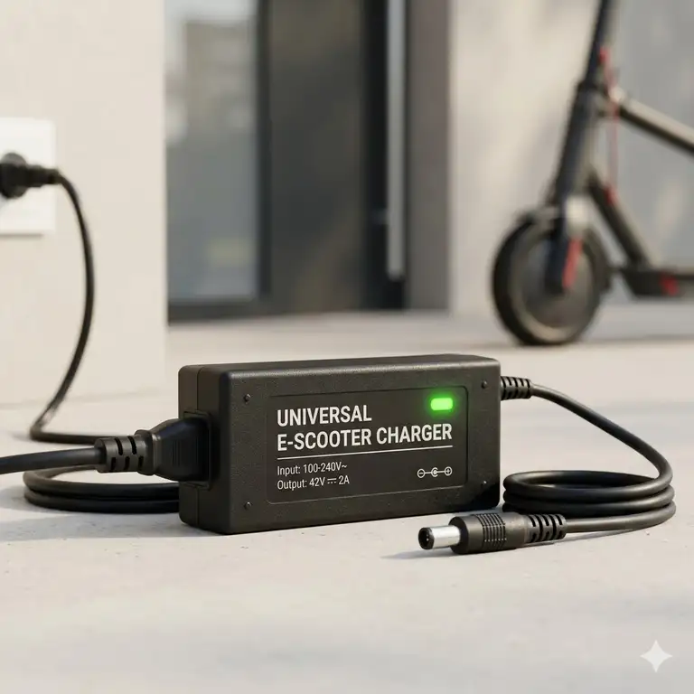 Featured Image: A high-quality universal electric scooter charger with a power brick and LED indicator light on a clean background.