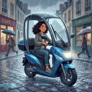 An illustration of a canopy scooter shielding a rider from rain, demonstrating all-weather utility.