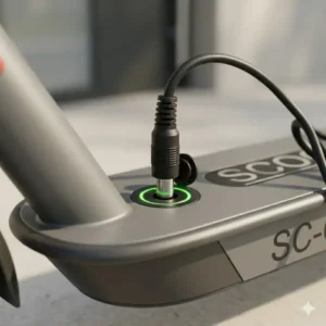 Illustration 1: Close-up illustration showing an electric scooter charger cable plugging into a side-mounted charging port.