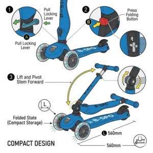 Diagram showing the easy folding mechanism of a childrens folding scooter for storage.