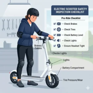 "An illustration of a rider performing a pre-ride safety inspection, which is the first step in how to ride an electric scooter safely for beginners."