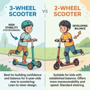 A comparison chart showing the stability differences between a 3-wheel and a 2-wheel scooter for 5 year old.