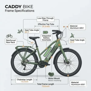 Technical diagram showing the reinforced frame and low step-through design of the caddy bikecaddy bikecaddy bike.
