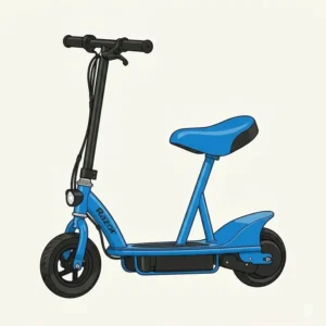 A clear side-view illustration of a blue childs electric scooter with seat showing the deck and frame.