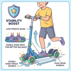 Illustration showing the stable wide deck and 4 wheel kick scooter base for better balance.