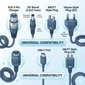Illustration 1: An educational diagram showcasing different connector types and universal compatibility for scooter battery chargers.