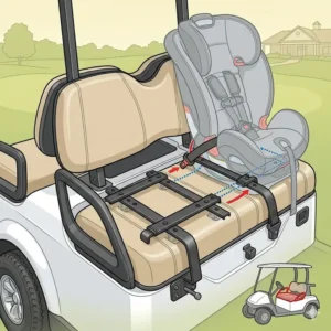 Illustration 1: Universal mounting bracket for securing a car seat for golf cart to a golf cart bench.
