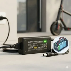 Illustration 2: Digital illustration of a 42V electric scooter charger label highlighting voltage and amperage specifications.