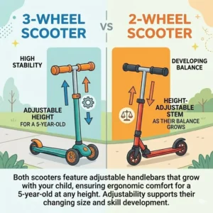 Educational diagram highlighting the adjustable height T-bar on a professional scooter for 5 year old.