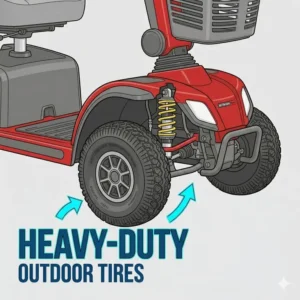 Close-up of heavy-duty, deep-tread tires on the best mobility scooter for outdoors.