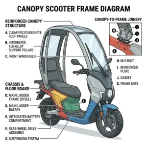 A detailed technical diagram showing the reinforced roof structure and frame of a canopy scooter.