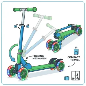 A diagram of a 4 wheel kick scooter folding flat for easy storage and travel.